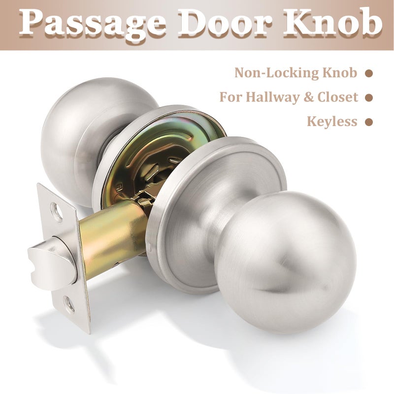 Probrico(6 Pack Hall/Closet Room Round Door Knob,Passage Function for Hall/Closet,Interior Door Door Lock Handle Satin Nickel Finish, Keyless(Non-Locking Knobs) Interior Door Handles Locks - Image 2